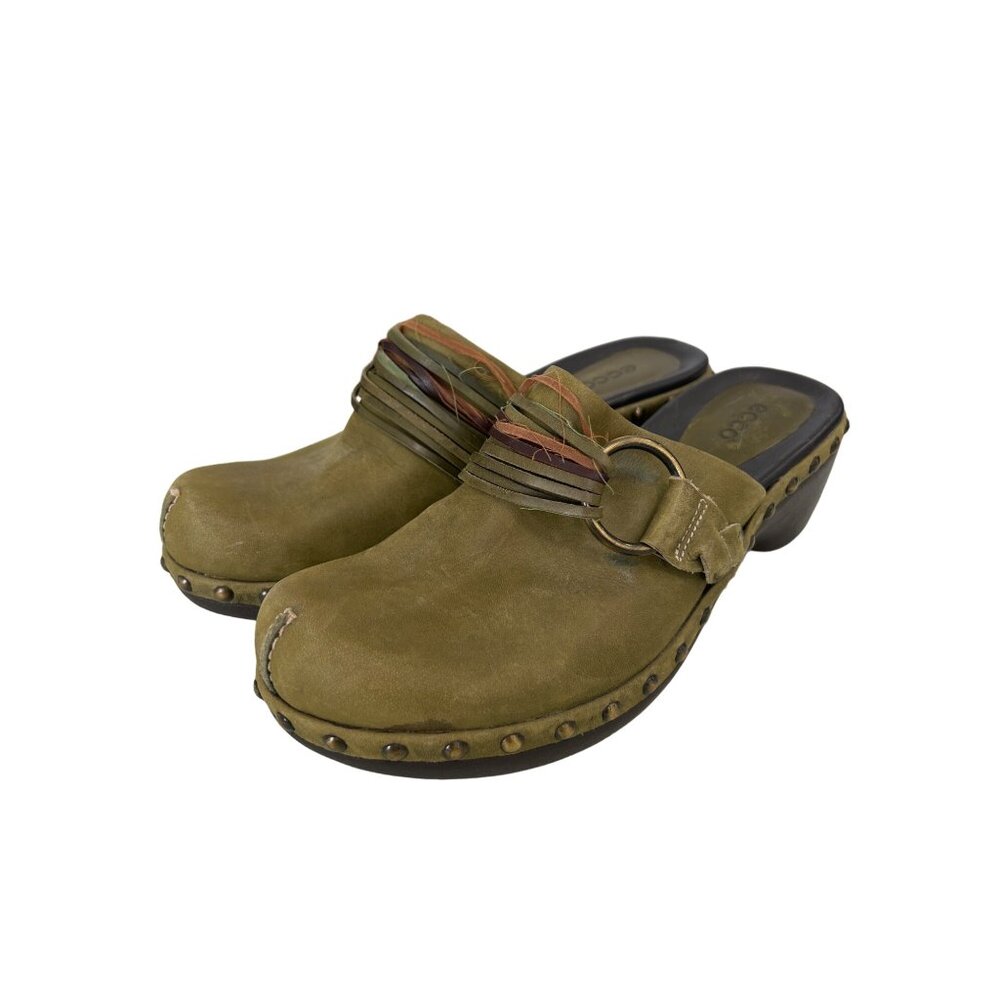 Ecco Studded Slip On Clogs Women 37 Round Toe Green Leather Strappy O Ring Boho